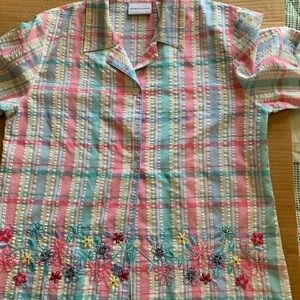 Alfred Dunner Pastel Plaid Short Sleeve Button-Down with Floral Embroidery